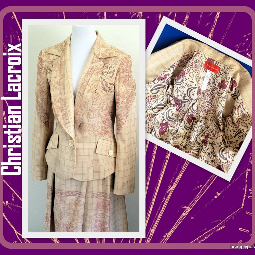 Christian Lacroix Vintage Skirt Suit Set Metallic Gold Embellishment Silk Wool